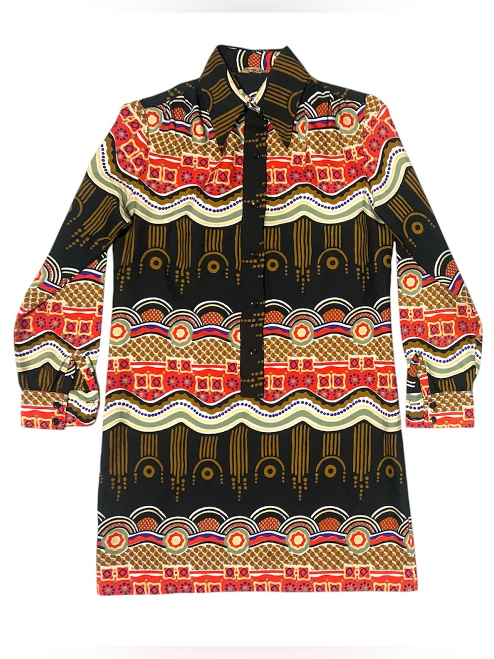 Vintage 70s Gailord Long Sleeve Collared Button Down Geometric Motif Dress